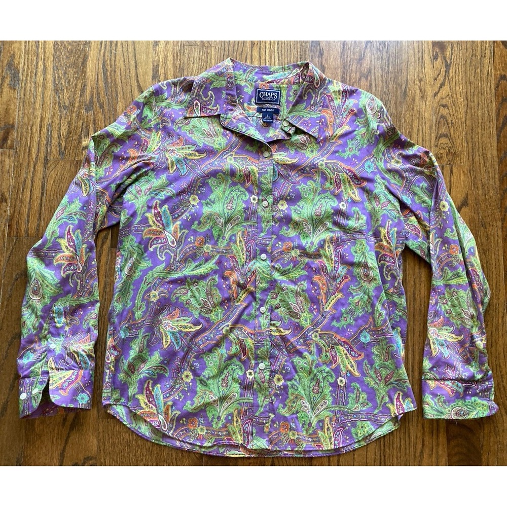 Chaps Ralph Lauren Shirt Mens Large Paisley Purple Floral Disco Long Sleeve - Picture 2 of 8